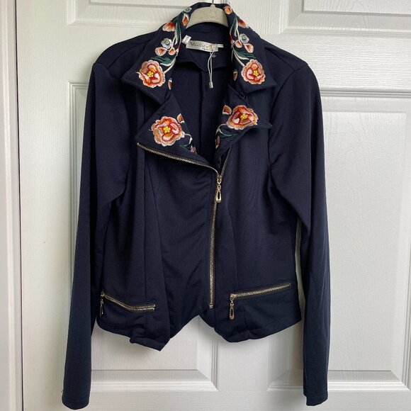 Available Angela Fashion Embroidered Large Top Jacket Navy Floral NEW Stretch - Picture 1 of 12